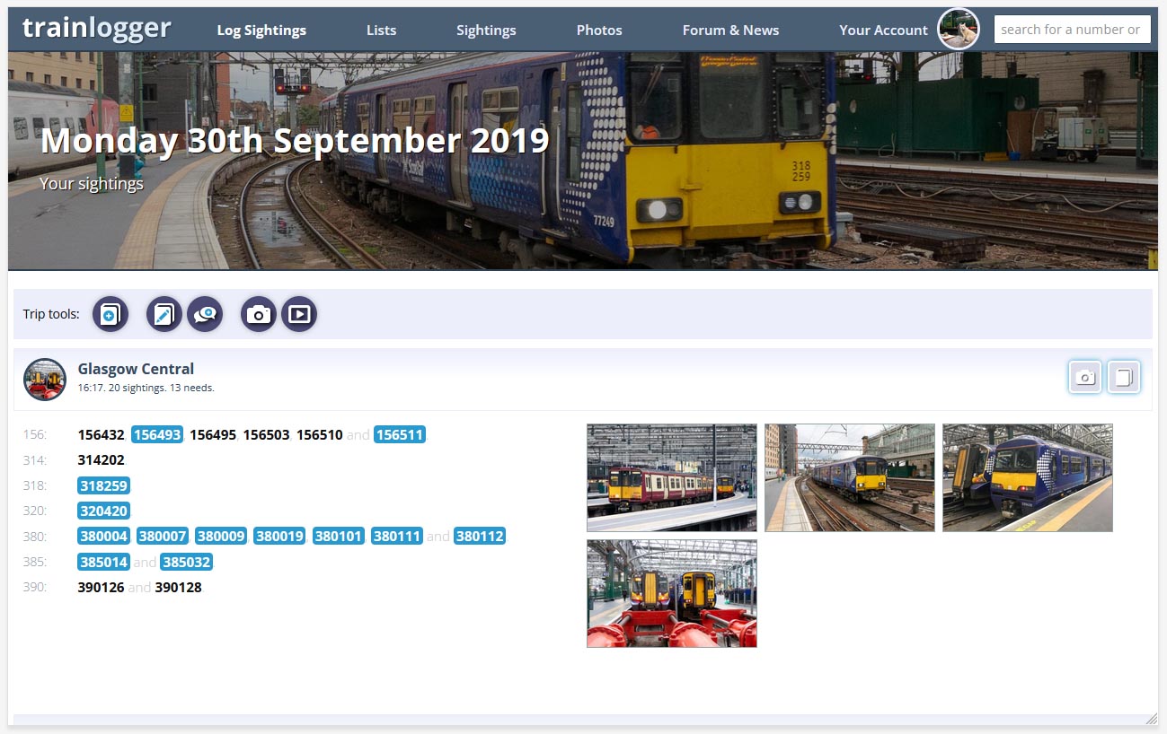 Screenshot of View your sightings page