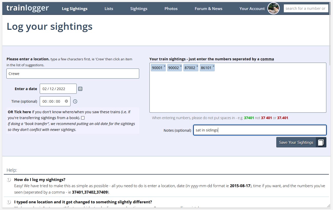 Screenshot of Log your train sightings page